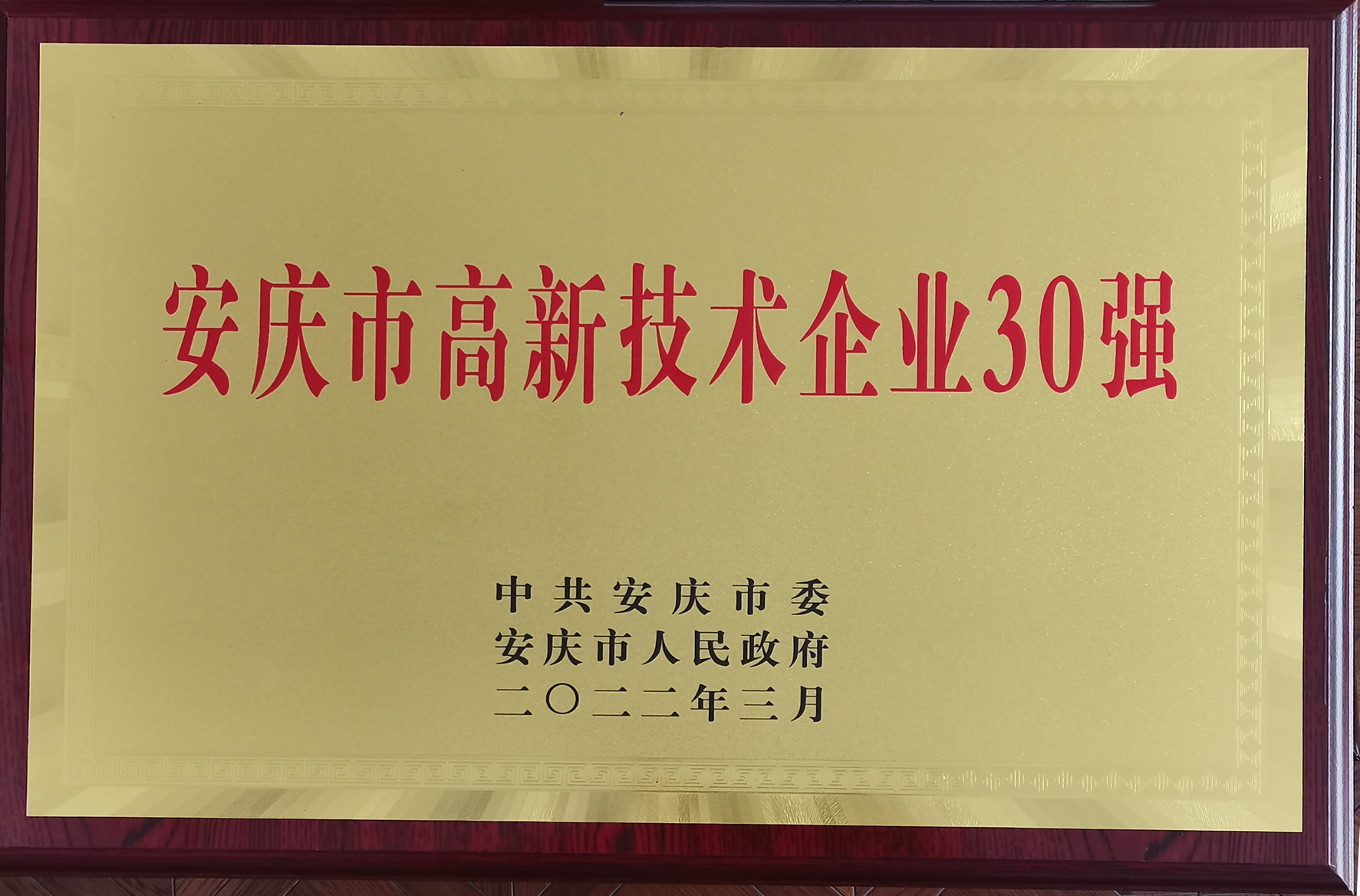 我司獲得安慶市高新技術(shù)企業(yè)三十強(qiáng)稱號